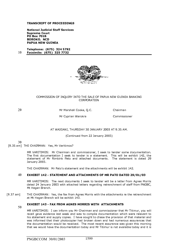 Commission Of Inquiry Into The Sale Of Png Banking Corporation Transcript 30 Jan 2003 Pngi Portal